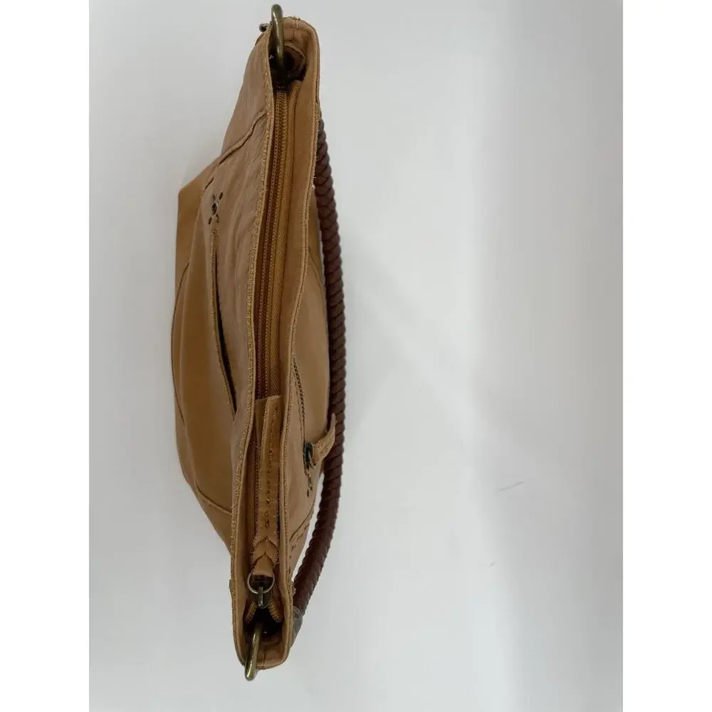The Sak Camel Brown Leather Purse Braided Strap and Zipper Pulls Hobo Shoulder